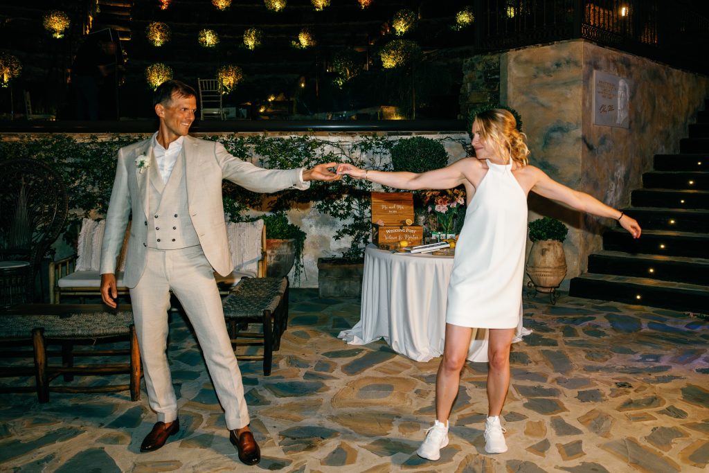 Vici and Martin dancing under the lights, Casa de la Era wedding in Marbella