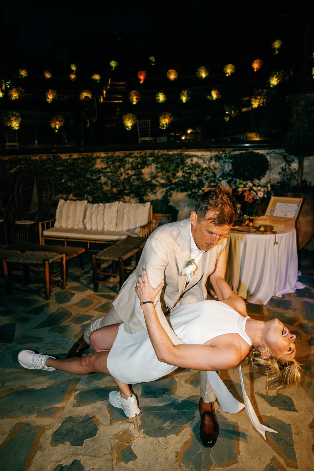 Groom dipping the bride on the dance floor, Casa de la Era wedding in Marbella