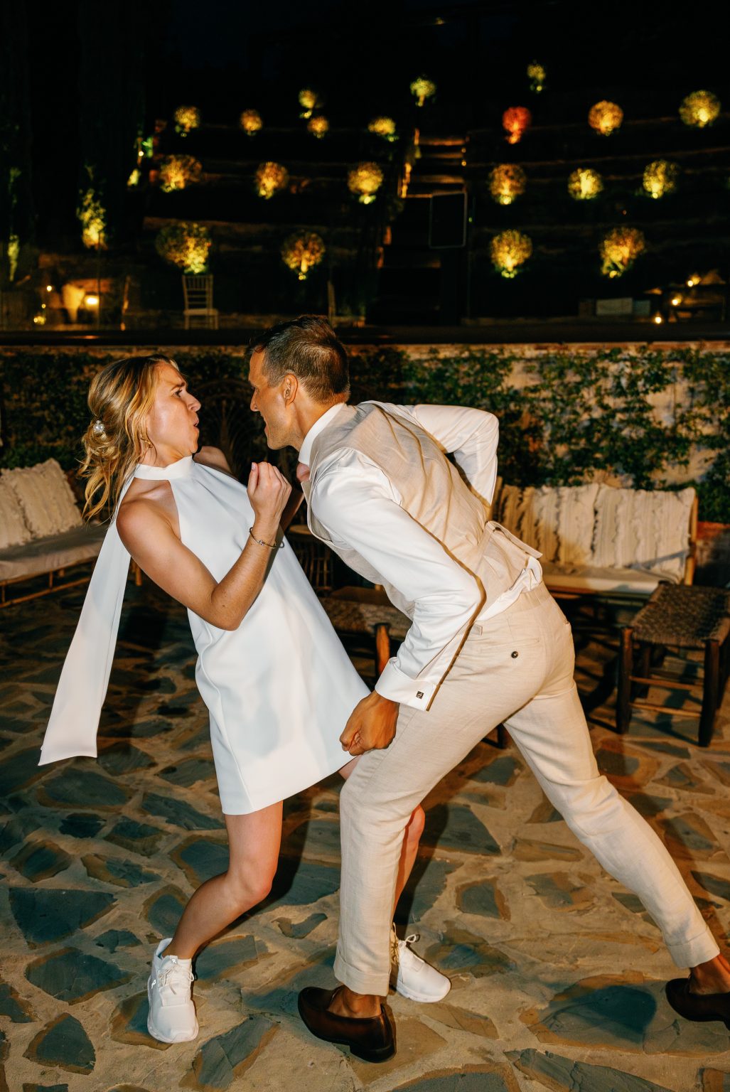 Vici and Martin dancing with lots of energy, Casa de la Era wedding in Marbella