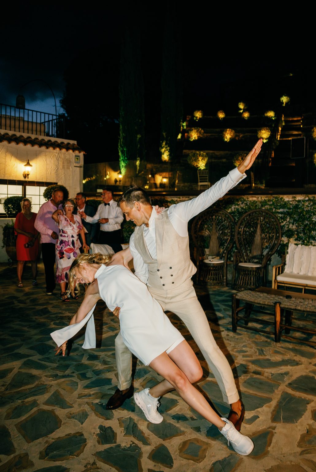 Groom dipping the bride at night, Casa de la Era wedding in Marbella