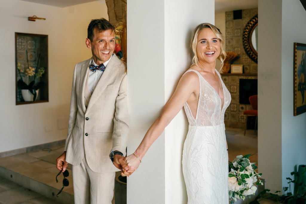Bride smiling before the first look, Casa de la Era wedding in Marbella