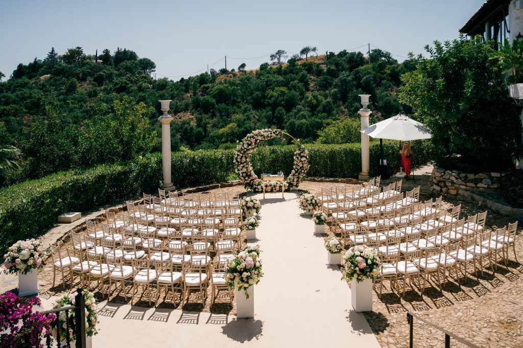 Ceremony set-up at Casa de la Era seen from above, wedding in Marbella