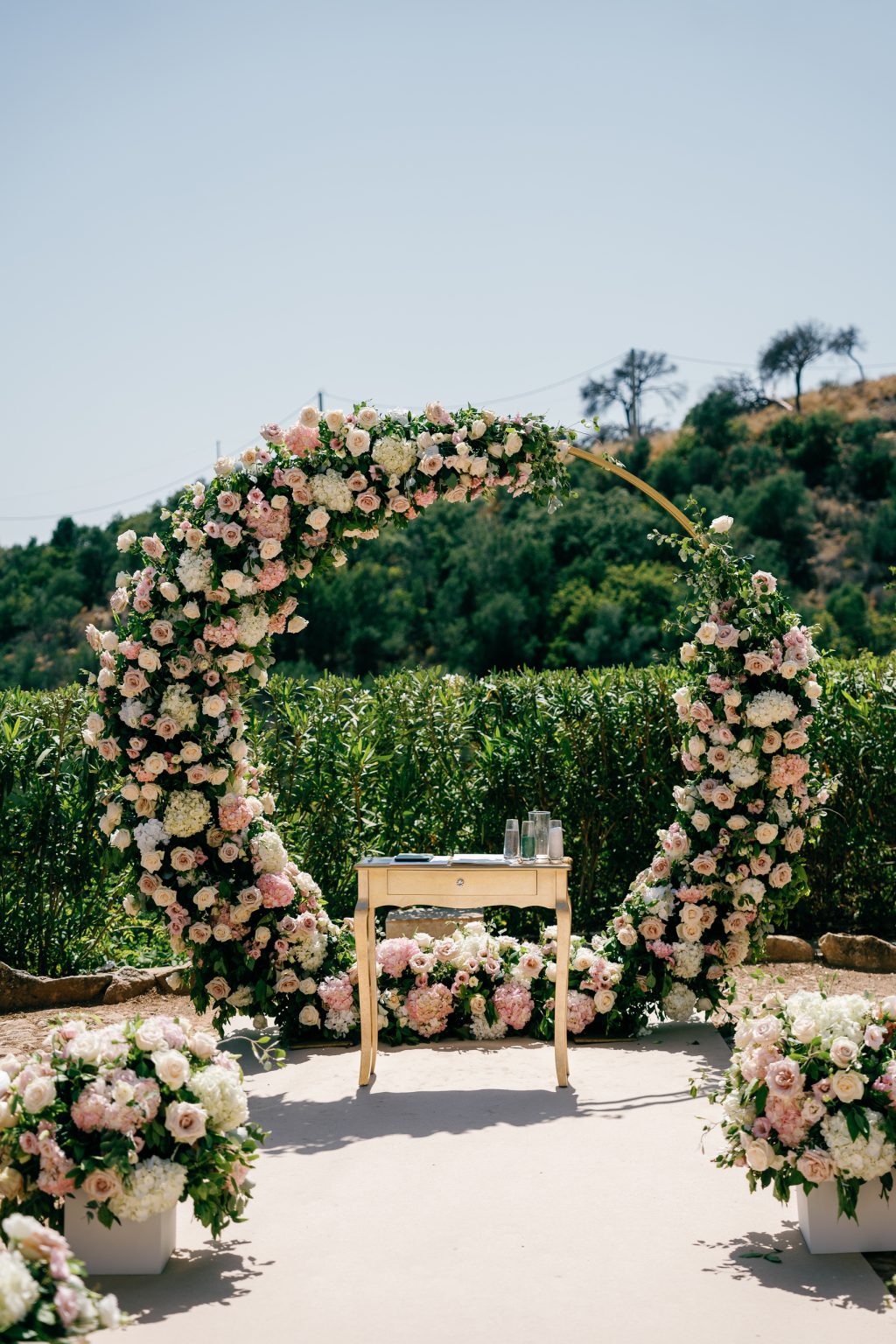 Flower arch for the outdoor ceremony, Casa de la Era wedding in Marbella