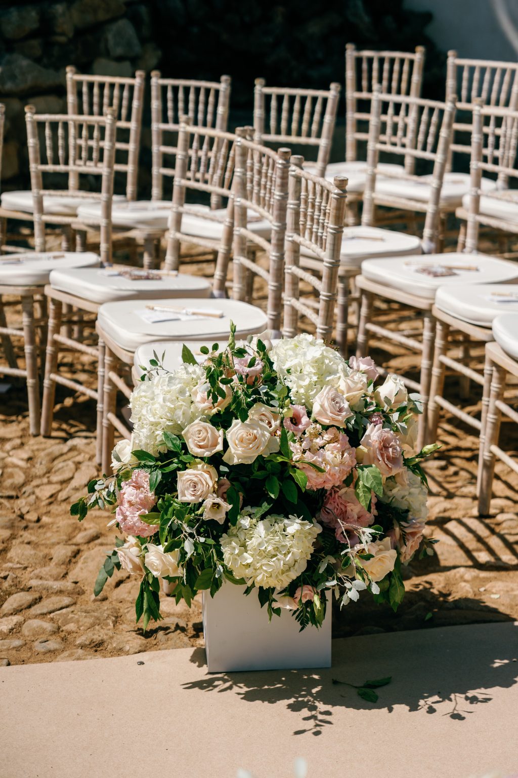 Ceremony chairs decorated with flowers, Casa de la Era wedding in Marbella