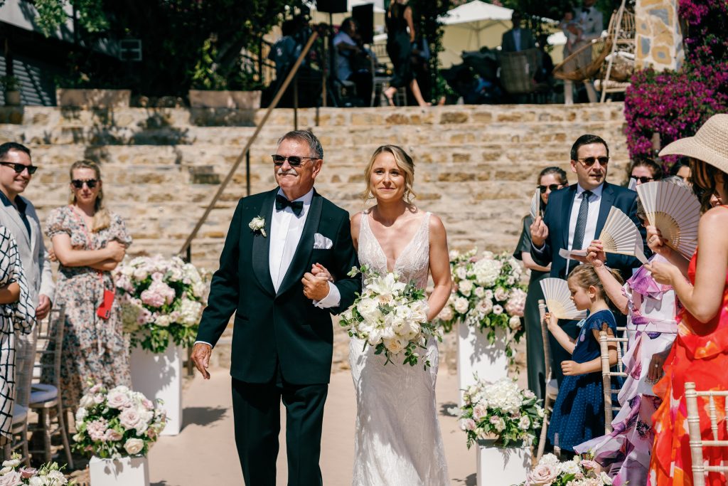 Bride walking down the aisle with her father, Casa de la Era wedding in Marbella