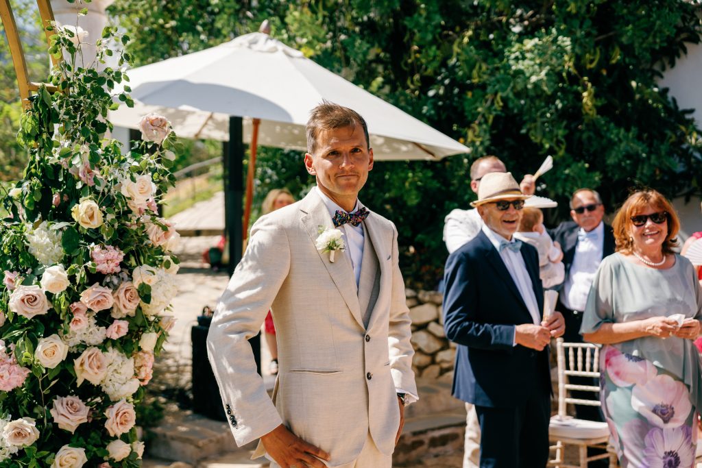 Groom seeing the bride walk down the aisle, Casa de la Era wedding in Marbella