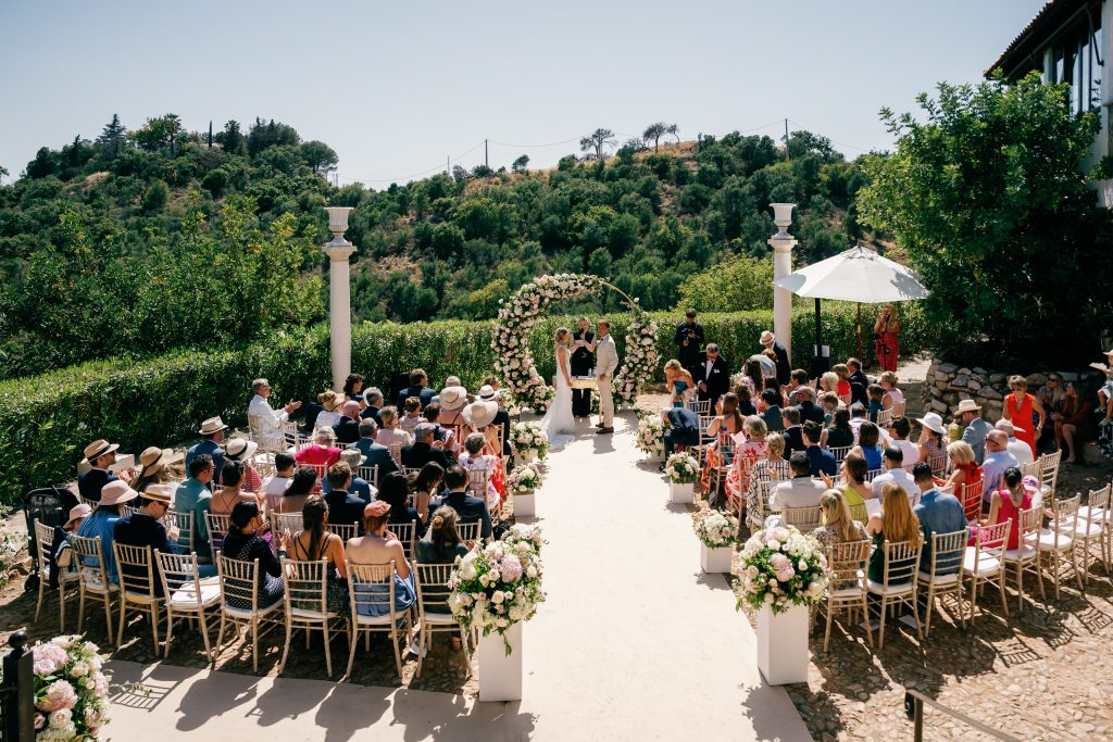 View down the aisle during the ceremony, Casa de la Era wedding in Marbella