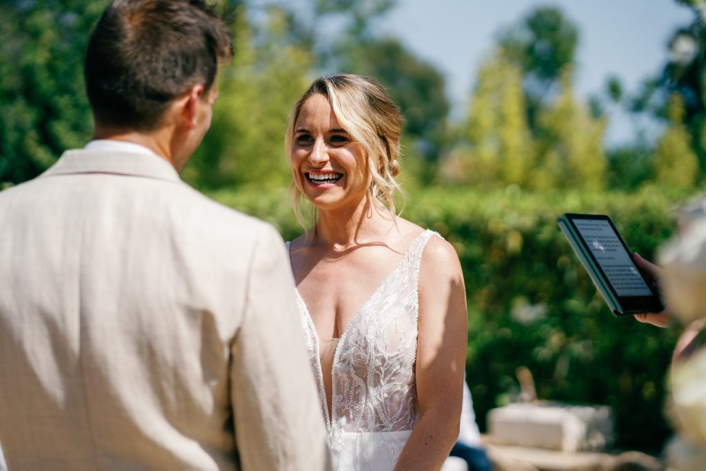 Couple looking at each other during the ceremony, Casa de la Era wedding in Marbella