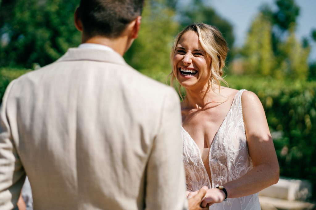 Couple face to face under the flowers, Casa de la Era wedding in Marbella