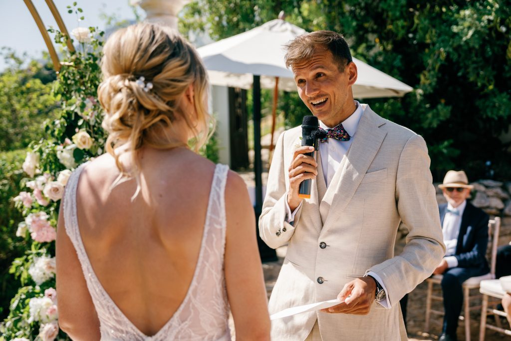 Groom reading his vows, Casa de la Era wedding in Marbella