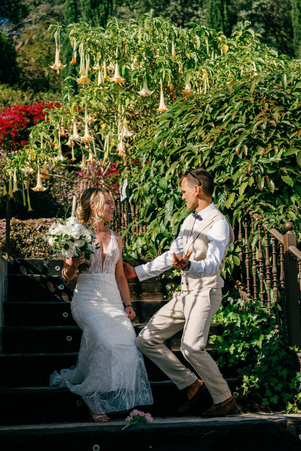 Couple on the old stone stairs, Casa de la Era wedding in Marbella