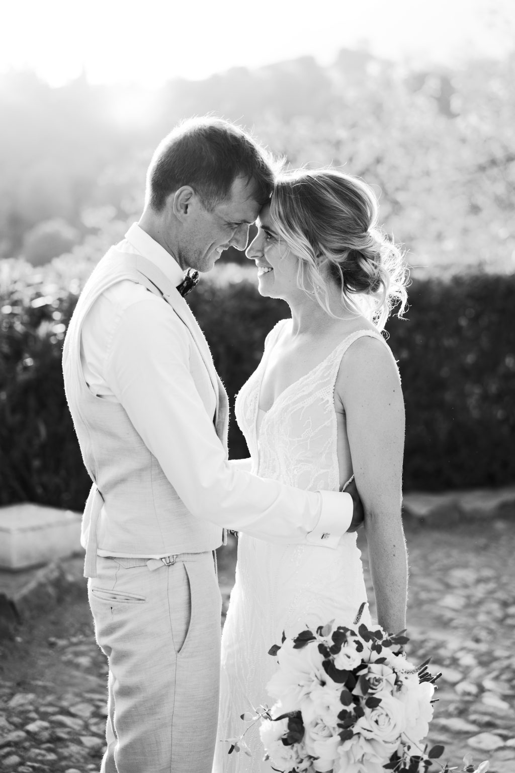 Black and white portrait of the couple touching foreheads, Casa de la Era wedding in Marbella
