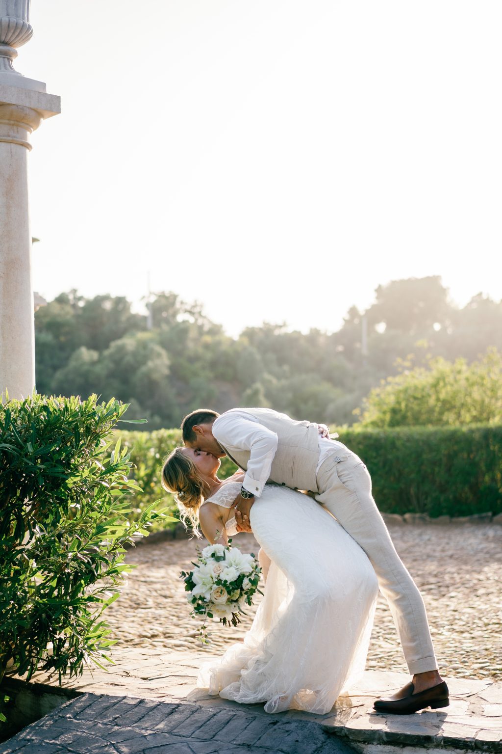 Groom dipping the bride at sunset, Casa de la Era wedding in Marbella