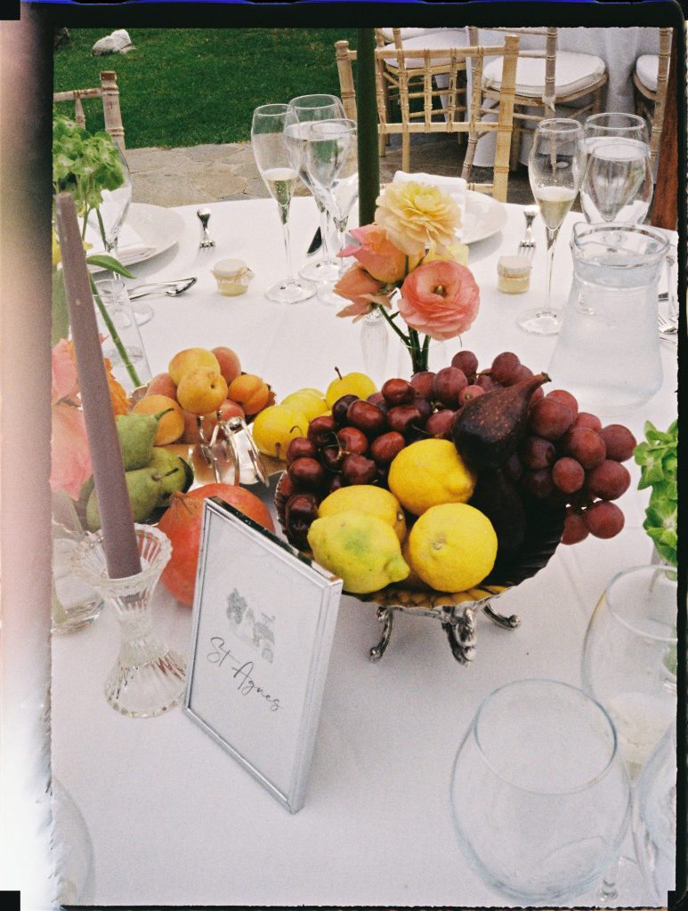 Fruit and flowers on a wedding table, 35mm film wedding photo on the Costa del Sol
