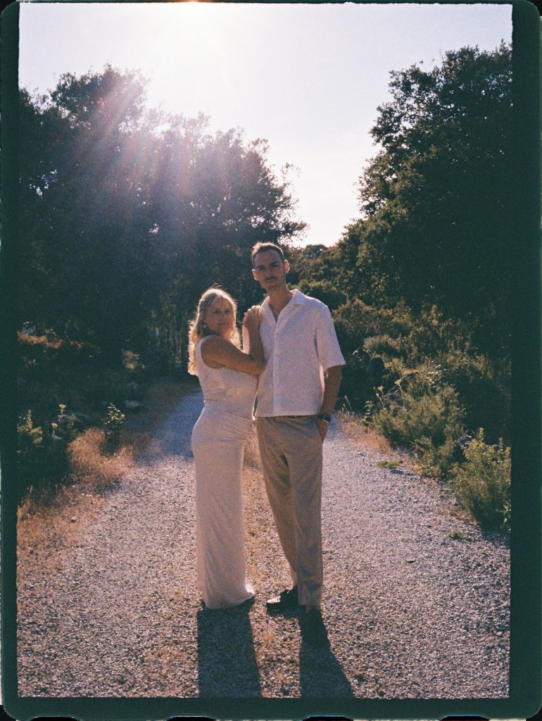 Couple on a country path in the evening sun, 35mm film wedding photo on the Costa del Sol