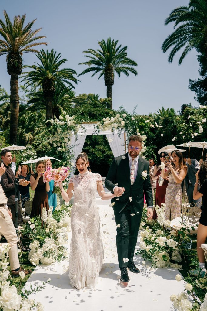 Confetti as the couple walk back up the aisle, Finca La Concepción wedding in Marbella