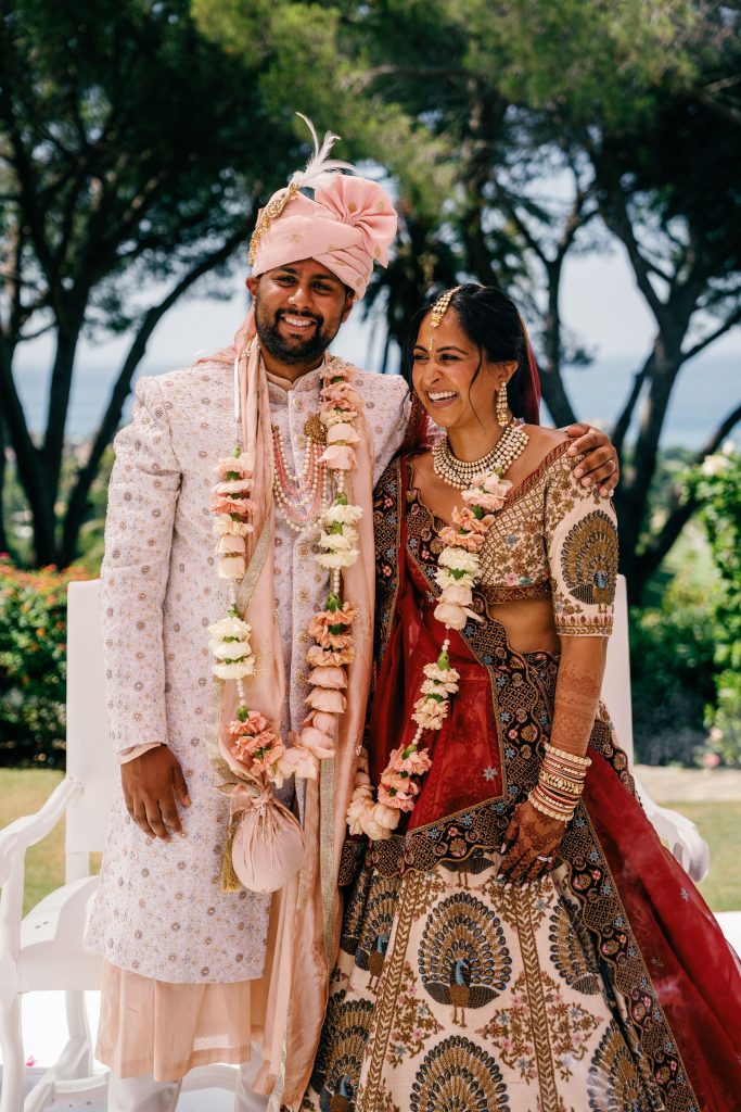 Couple laughing after the ceremony, Indian wedding at La Susana in Marbella